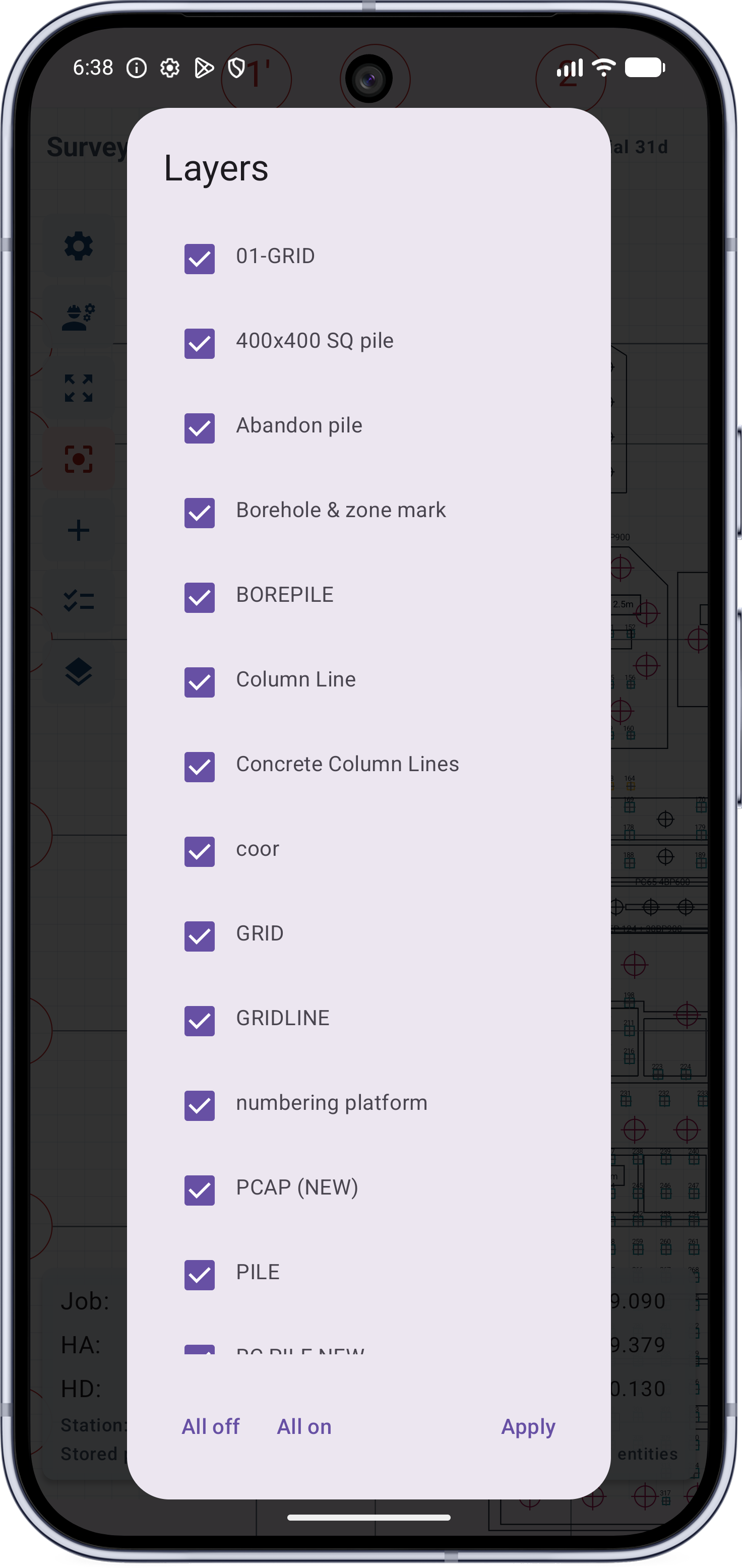 SurveyDXF survey DXF app layer control screen